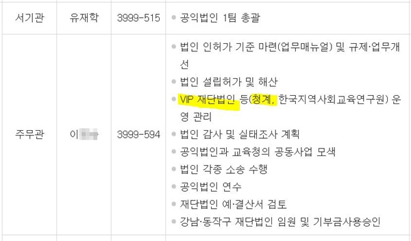 서울시교육청 공식 사이트에 올라와 있던 담당 업무표. 21일 현재는 'VIP'란 글귀는 지워져 있다.