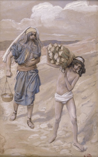  번제나무를 등에 이고 모리아산을 오르는 이삭과 그의 아비 아브라함 (Isaac bears the wood for his sacrifice, James Tissot/Public Domain)