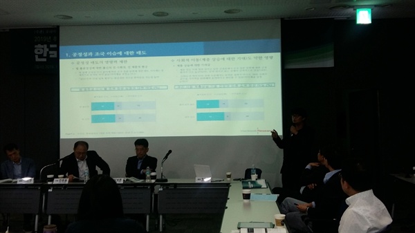 정한울 한국리서치 전문위원이 지난 25일 서울글로벌센터에서 열린 ‘한국사회의 세대문제: 불평등과 갈등’ 세미나에서 '조국 이슈로 본 한국사회의 공정성 인식 격차'라는 주제로 발표하고 있다. 