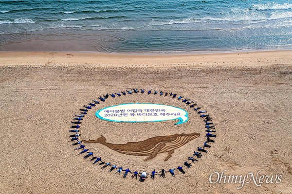 29일, 부산 해운대 해수욕장에서 시민들이 고래 그림과 "예비 불법 어업국 대한민국 2020년 꼭 바다보호 해주세요"라고 적힌 배너를 큰 원으로 둘러싸고 있다.
