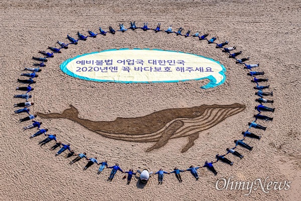 29일, 부산 해운대 해수욕장에서 시민들이 고래 그림과 "예비 불법 어업국 대한민국 2020년 꼭 바다보호 해주세요"라고 적힌 배너를 큰 원으로 둘러싸고 있다.