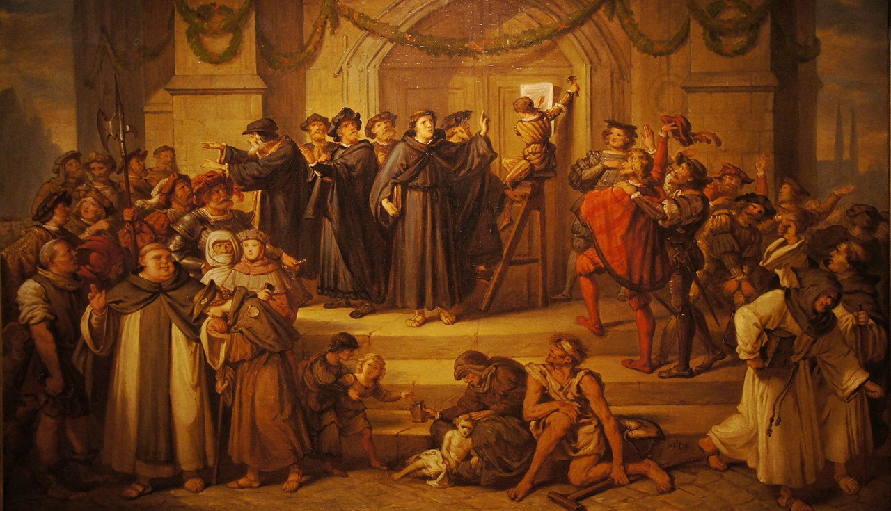 1878년 독일의 대표적인 역사화가 율리우스 휘브너가 그린 '비텐베르크 대학 교회 문에 95개 반박문을 붙이는 마르틴 루터'