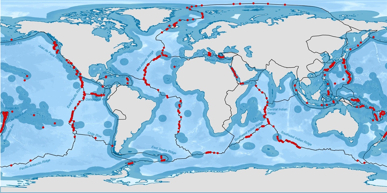 열수공(빨간색)이 주로 위치한 해저를 표시한 지도. 
