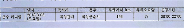 군수차량 운행내역 군수차량 토요일 관내운행 내역 