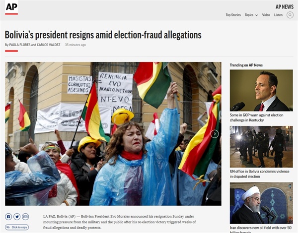 에보 모랄레스 볼리비아 대통령의 사퇴 선언을 보도하는 AP통신 갈무리.