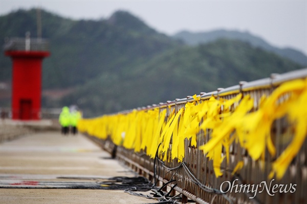 2014년 4월 27일 전남 진도 팽목항에 세월호 실종자들의 무사귀환을 바라는 노란리본이 줄지어 있다.