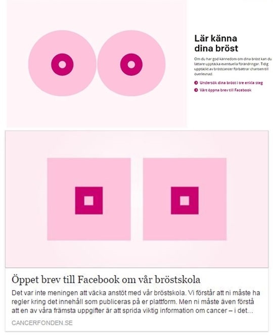 스웨덴의 유방암 예방단체가 검열당한 둥근분홍유방 그림 대신 네모유방 이미지를 올리며 페이스북의 검열을 비꼬았다.