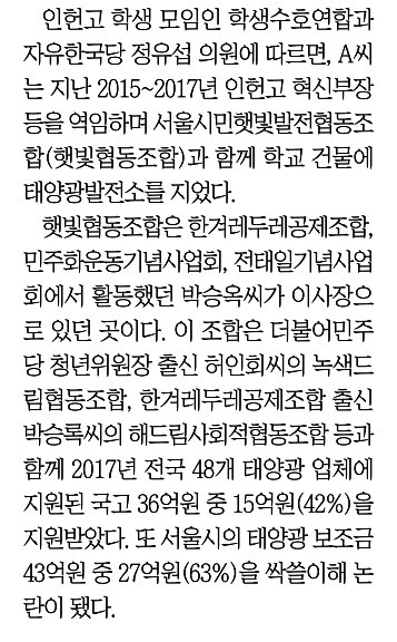 인헌고 교사에 친여 태양광 의혹 입힌 조선일보 기사(10/28)
