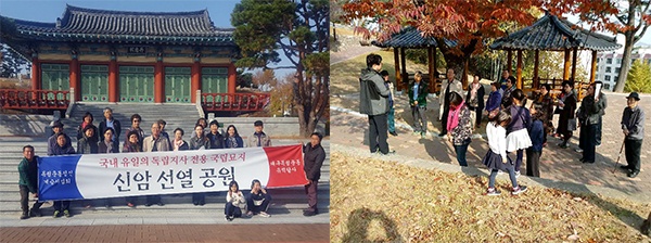 독립운동정신계승사업회의 '대구 시민 독립운동 유적 답사' 프로그램에 참가한 시민들은 단충사 앞에서 기념 촬영을 한 뒤(왼쪽 사진) 박진관 <대구 지오그라피> 저자의 해설을 들었다.