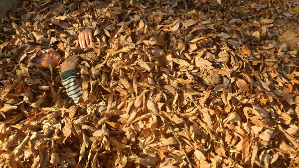 숲속에서 '낙엽찜질'을 하고 있는 김상수 어린이. 쌓인 낙엽이 침대처럼 편안하다고 했다.