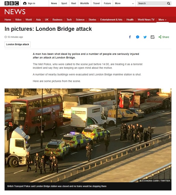 영국 런던브리지에서 발생한 흉기 난동 테러를 보도하는 BBC 뉴스 갈무리.