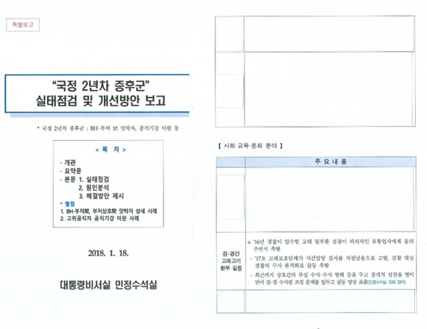 4일 청와대가 공개한 '국정 2년차 증후군 실태점검' 관련 특별보고 문건.