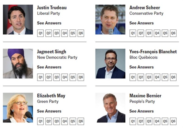 캐나다 학생들의 모의선거를 위해 현역 정치인들이 인터넷에 답변을 올려놓은 모습. 