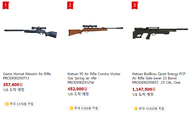19일 쿠팡 사이트. 공기 소총(air rifle)이라는 단어로 검색하자 글로벌 공기총 회사들이 제조한 실제 총기가 판매목록에 나타났다.
