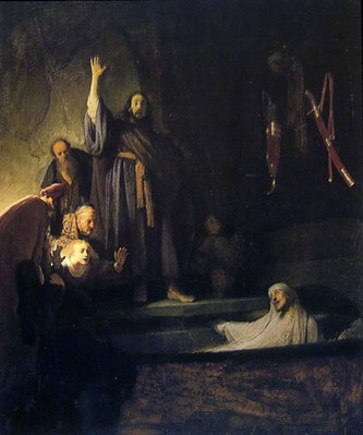 렘브란트의 그림 <라자로의 부활>. 신약성서 '요한의 복음서' 11장에는 베다니아에서 예수가 죽은 라자로를 기적을 베풀어 살려냈다고 기록되어 있다.