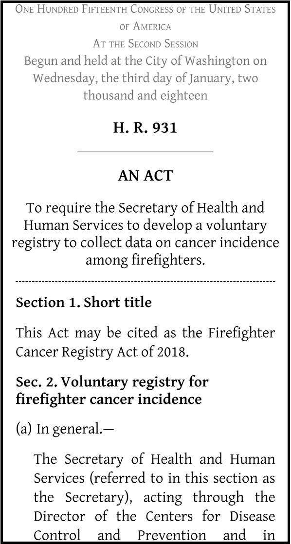  지난 2018년 7월 7일 도널드 트럼프 미국 대통령의 서명을 받아 발효된 '소방대원 암 등록법(Firefighter Cancer Registry Act of 2018)' 일부. (출처: congress.gov) 