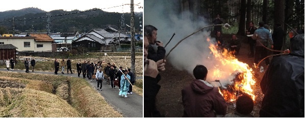            마을 사람들이 산신제를 지내기 위해서 산으로 향해서 가는 모습과 산제가 끝난 다음 모치 찹쌀떡을 구어서 먹고 있는 모습입니다.