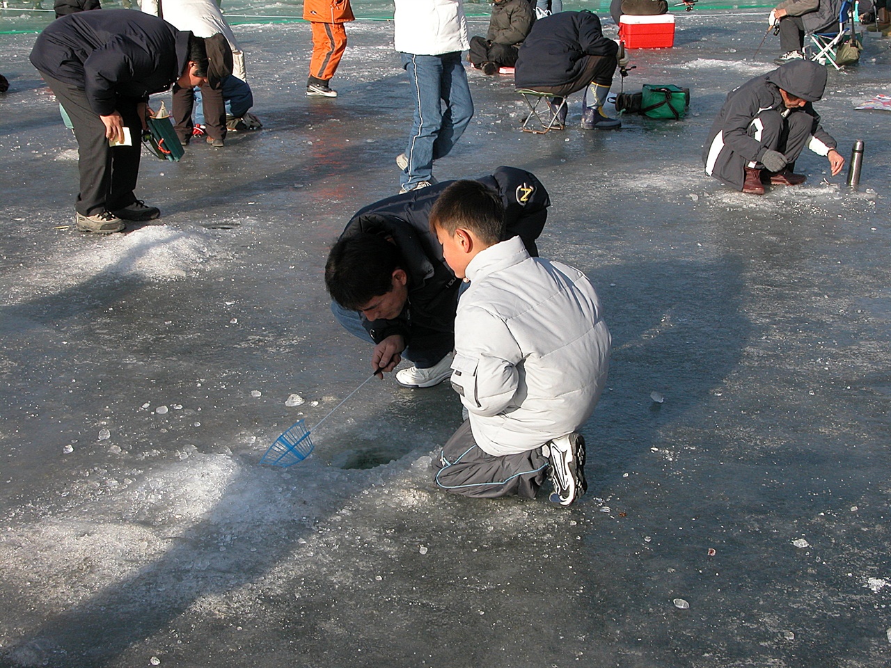 화천 산천어축제 축제장 얼음 낚시터에는 겨울 추위에도 아랑곳없이 산천어를 잡고자 하는 사람들이 무수히 많다. 