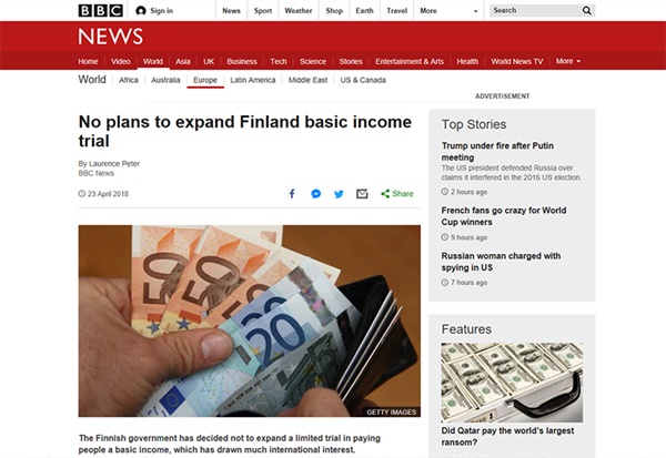 2018년 말, 핀란드가 기본소득 실험을 연장하지 않기로 했다는 소식을 전하는 언론기사
