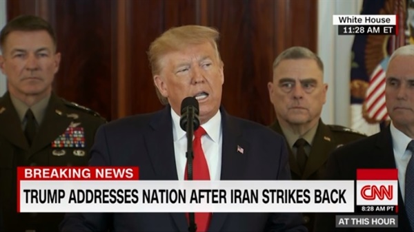 도널드 트럼프 미국 대통령의 이란 관련 대국민 연설을 방송하는 CNN 갈무리.