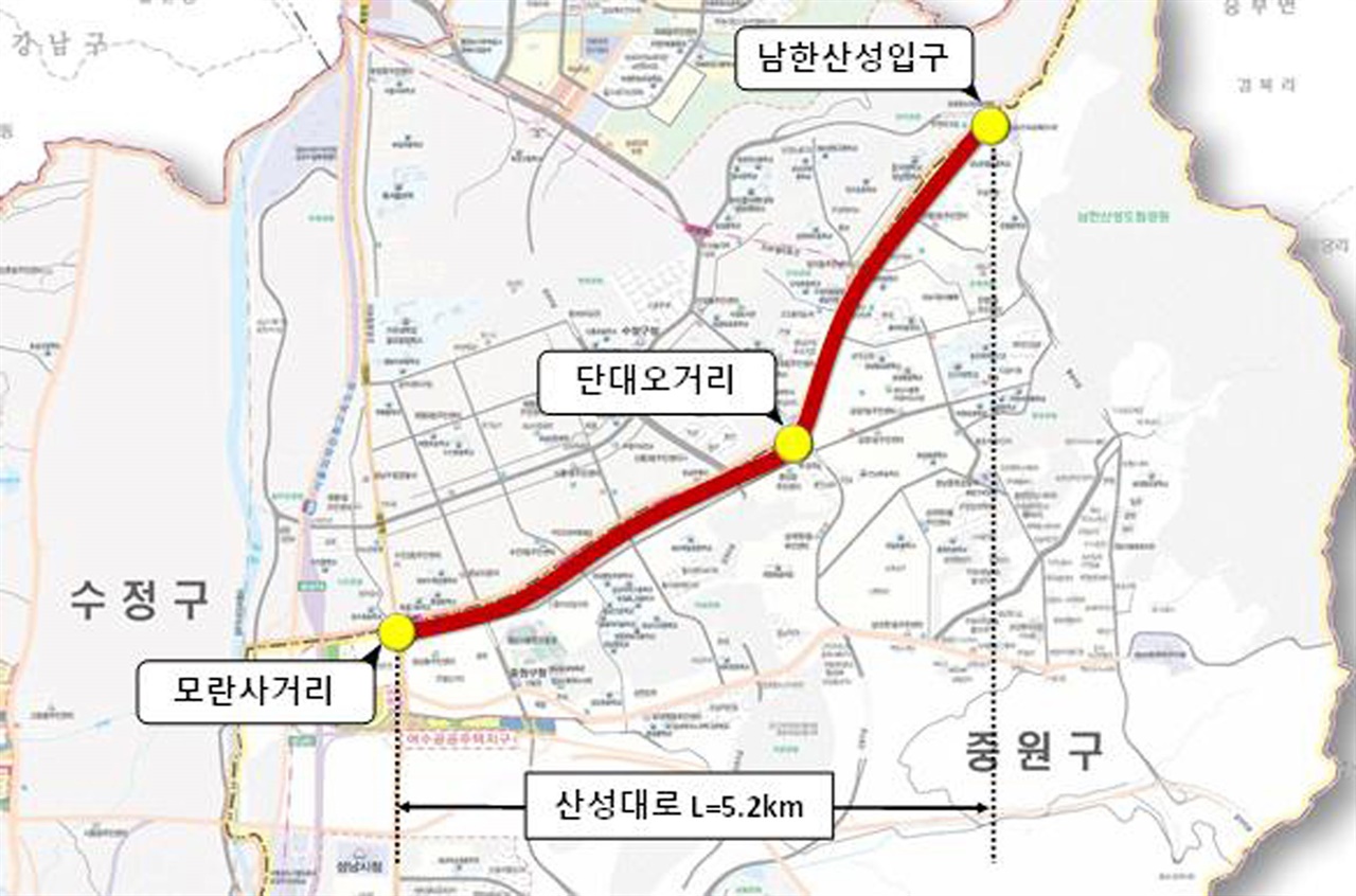 대중교통과-성남 산성대로 S-BRT 시범사업 구간 위치도