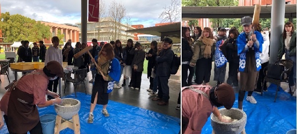 학생들이 학교에서 찐 찹쌀을 찧어서 모찌 떡을 만들고 있습니다.