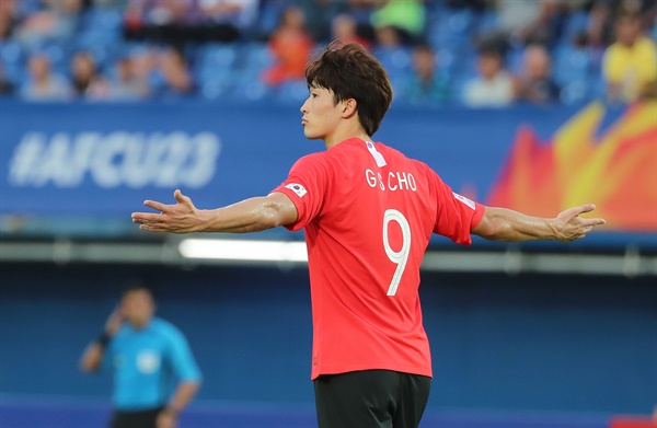  12일 오후(현지시간) 태국 송클라 틴술라논 스타디움에서 열린 2020 아시아축구연맹(AFC) U-23 챔피언십 한국과 이란의 조별리그 2차전에서 조규성이 추가골을 넣은 뒤 세리머니를 하고 있다. 