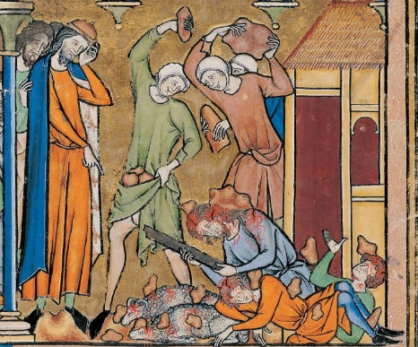  <돌팔매질 당하는 아간과 가족> 13세기, '마체요프스키 성경'(Maciejowski Bible)