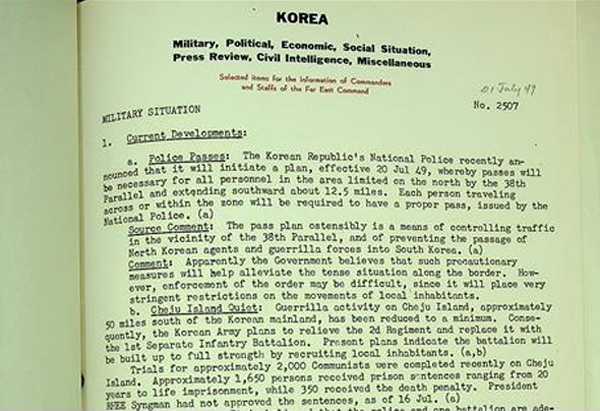 1948년 6월 제주도에 미군 70여명, 제주앞바다에 크레이크호가 주둔했다는 미국 극동군 사령부 문서