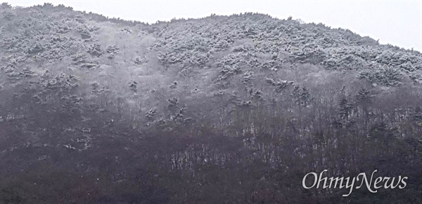 1월 18일 아침 김해장유에서 바라본 창원 쪽 산의 정상 부근에 눈이 쌓여 있다.