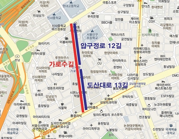 가로수길 도로구간 현황도.