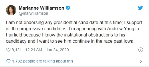 마리안 윌리엄슨은 트위터를 통해 아이오와주에서 앤드류 양을 지지한다고 밝혔다.