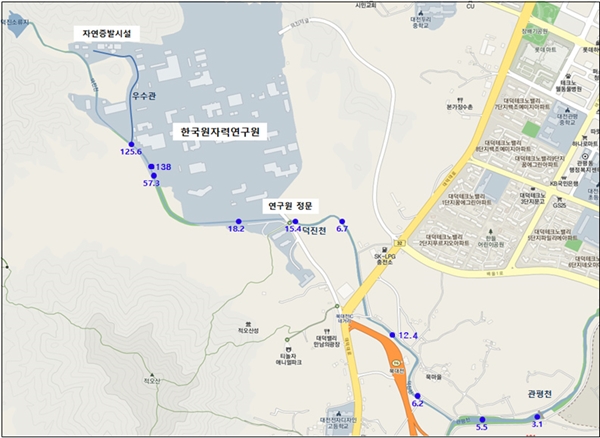 한국원자력연구원이 측정한 한국원자력연구원 주변 하천토양 세슘137 농도 현황 (단위 : Bq/kg).