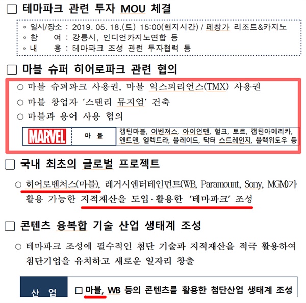 김한근 강릉시장이 지난해 5월 21일 강릉시청 프레스센터에서 기자회견을 하면서 배포한 보도자료에는, 강릉시가 히어로벤쳐스에 답한 것과 달리 곳곳에 마블명칭과 심지어 로고까지 포함돼 있다. 