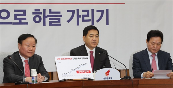 자유한국당 심재철 원내대표가 11일 오전 서울 여의도 국회에서 열린 원내대책회의에서 발언하고 있다