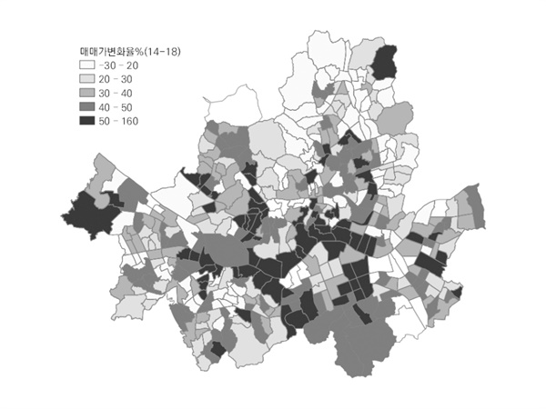 2014년부터 2018년까지 서울 대부분에서 20% 이상 올랐으며 많이 오른 곳은 160%나 상승하였다.