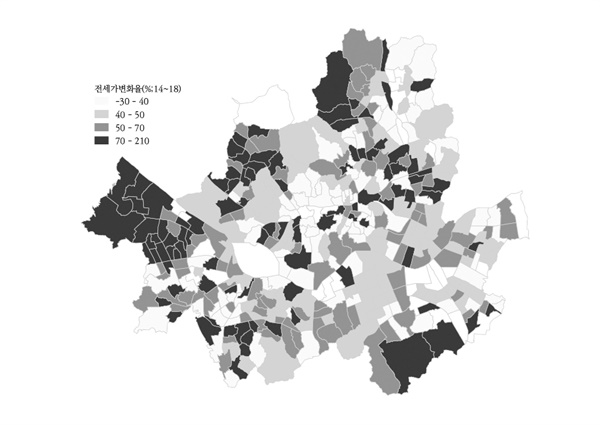 서울시 대부분에서 40% 이상 올랐으며 210% 이상 폭등한 지역도 있다.
