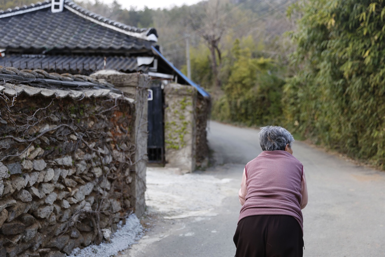 보성 강골마을의 한낮 고샅 풍경. 한 어르신이 유모차에 기대 고샅을 걷고 있다. 지난 2월 9일이다.