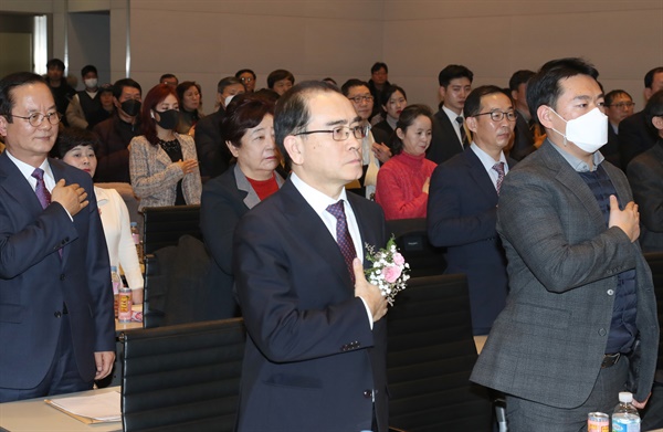  18일 서울 여의도 전경련 컨퍼런스센터에서 열린 '남북통일당(가칭) 창당 발기인 대회'에서 태영호 전 주영북한대사관 공사가 축사하고 있다. 