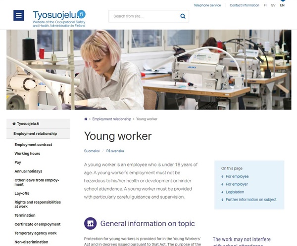 핀란드의 직업안전보건청 홈페이지 (https://www.tyosuojelu.fi/web/en)의 청소년 노동 페이지이다. 