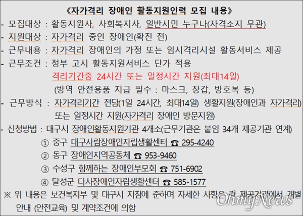  대구시는 코로나19 확진자가 늘어나고 장애인 자가격리자도 늘어남에 따라 활동보조인력을 모집한다고 밝혔다.