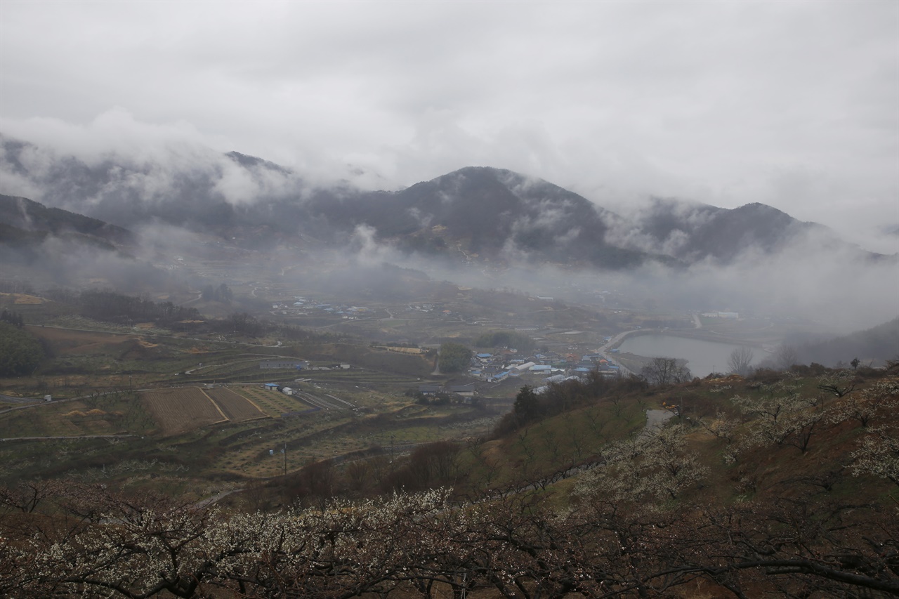  비구름이 넘고 있는 원달재 아래 순천 월등마을 전경. 지난 3월 7일 풍경이다.