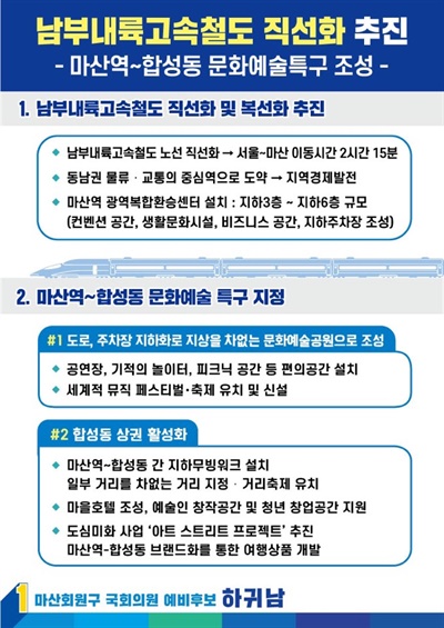더불어민주당 하귀남 국회의원선거 예비후보(마산회원)가 내건 공약.