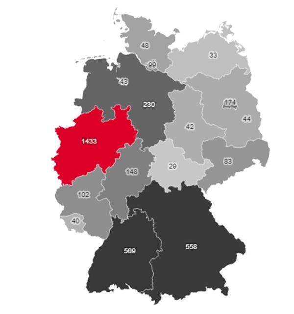3월 14일 기준 독일 코로나 감염자 수 분포