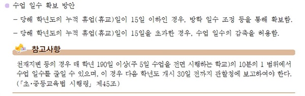 ‘학생 감염병 예방·위기 대응 매뉴얼’ 108쪽 ‘휴업 및 휴교에 따른 조치’ 사항에 나와있는 내용이다. 