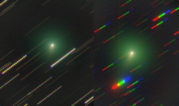 (왼쪽)2020년3월11일, (오른쪽)2020년3월14일, 국립청소년우주센터 덕흥천문대 NYSC 1m망원경을 사용하여 촬영하였고, B,V,R필터를 3색 합성하여 컬러 사진으로 만들었다. 별은 고정 되어 있지만 혜성은 현재 태양을 향해 이동하고 있어 혜성을 고정해서 촬영한다면 위 사진과 같이 별이 이동하는 것처럼 보인다. 두 사진의 별 배경 색이 다른 이유는 왼쪽은 B,V,R,B,V,R 순서로 오른쪽은 B,B,B,V,V,V,R,R,R 순서로 촬영하였다.