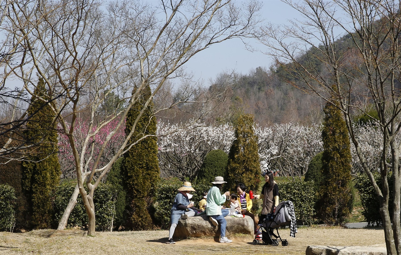  코로나19를 피해 전남산림자원연구소를 찾은 가족이 바위에 앉아 간식을 먹고 있다. 지난 3월 19일이다.