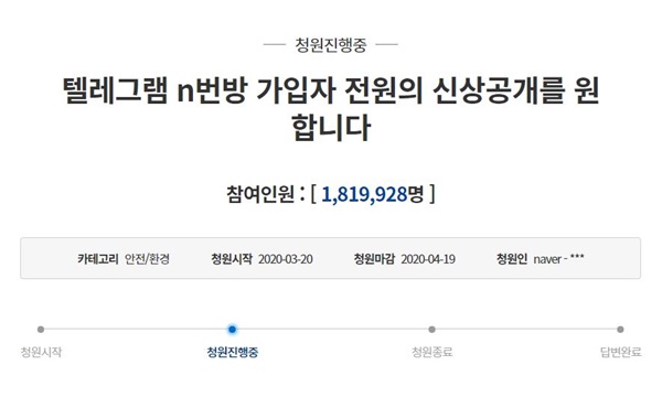 지난 20일 청와대 국민청원 게시판에 올라온 '텔레그램 n번방 가입자 전원의 신상공개를 원합니다' 청원. 24일 오후 1시 53분 현재 181만9928명이 동의했다. 