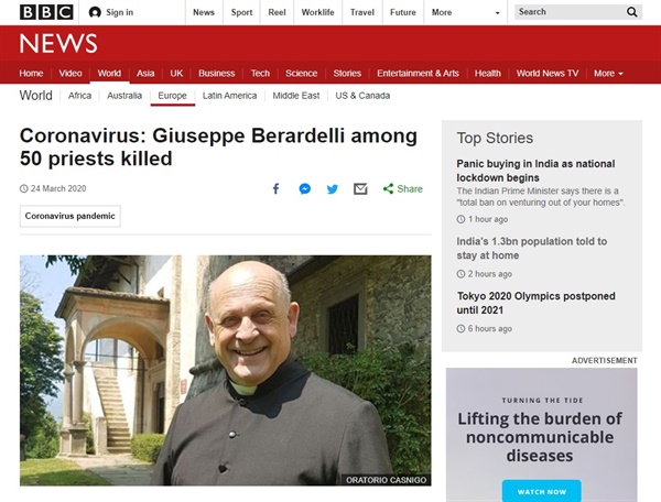 젊은 환자에게 산소호흡기를 양보하고 세상을 떠난 이탈리아 신부의 사연을 전하는 BBC 뉴스 갈무리.