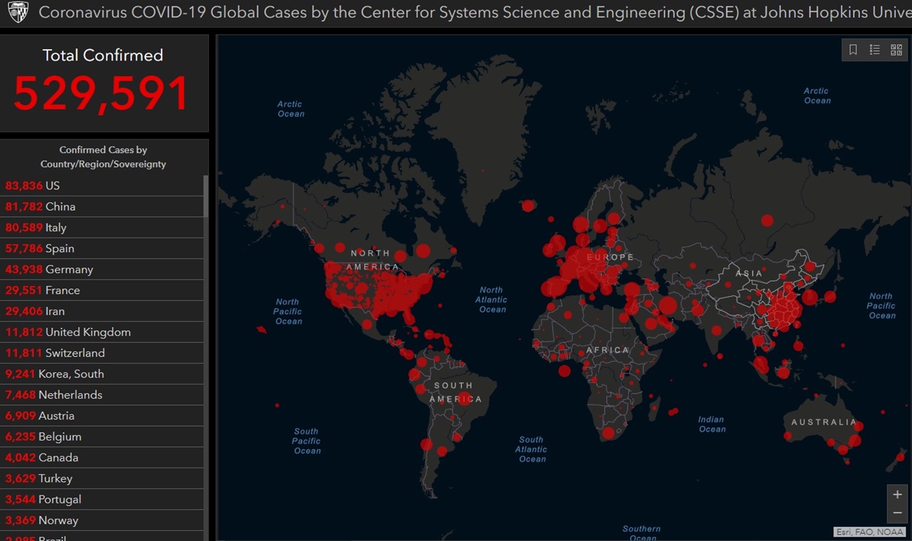 전 세계 코로나19 감염 현황을 집계하는 미국 존스홉킨스대 코로나 리소스 센터 사이트 갈무리.